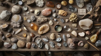 A wooden workbench covered in mining tools, raw gemstone samples, and magnifying glasses.