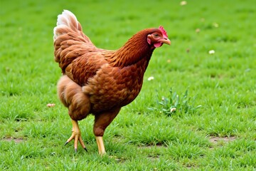 Fototapeta premium Adult Brown Hen Walking on Green Grass in a Serene Farm Environment, Showcasing Natural Behavior and Domestic Life