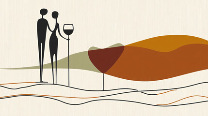 Anniversary couple celebration wine glass outline drawing romantic moment abstract face heart background line sketch minimalist love emotion affection relationship joy silhouette abstract style