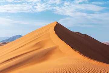 Fototapeta na wymiar Discover the breathtaking splendor of a single sand dune featuring its refined slopes dramatic shadows and exciting solitude that enriches the terrain with unique beauty 