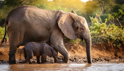 Elephant mother aiding her struggling calf up a slippery riverbank in the African wilderness