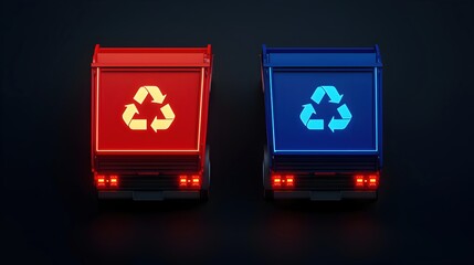 Obraz premium Two Waste Trucks with Bright Recycling Symbols in Red and Blue