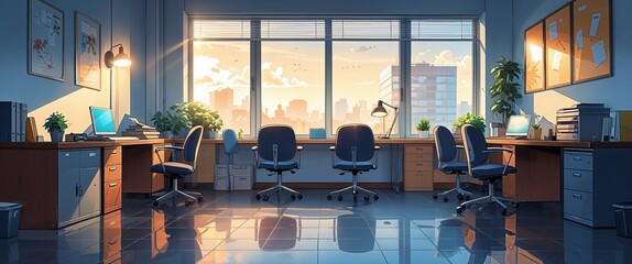 cartoon Early morning office scene with empty chairs and bright window view anime illustration art design