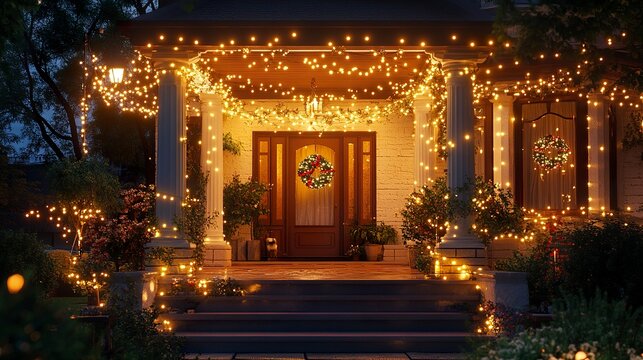 A warm and vibrant suburban house with twinkling string lights elegantly decorating the pillars and roof, spreading cheer and festive ambiance.  