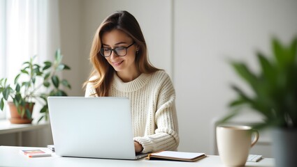 Workplace Productivity: A smiling woman, engrossed in her tasks, sits at a desk, diligently using a laptop in a contemporary, well-lit space, with a cup and plants in the corner.