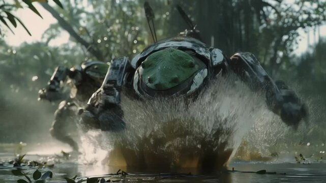 Biomimetic robotic machines shaped like amphibians navigating dense tropical wetland, splashing through murky waters with mechanical precision amid lush green vegetation