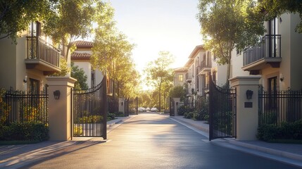 Fototapeta premium Apartment complex with multiple buildings, secure gates framing the entrance, soft sunlight creating a warm ambiance, clean and organized setup. 