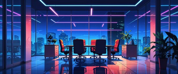 cartoon Night office with vibrant neon reflections on the glass walled meeting room anime illustration art design