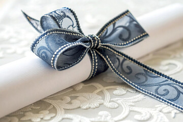 Fototapeta premium Close-Up of a Decorative Bow Knot on a Scroll of Paper with Clear Details on White Background
