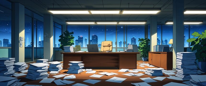 cartoon Open plan office with scattered papers under soft overhead lighting at night anime illustration art design