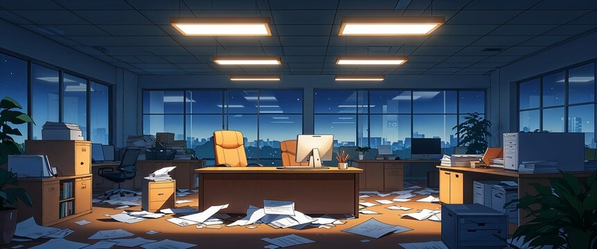 cartoon Open plan office with scattered papers under soft overhead lighting at night anime illustration art design