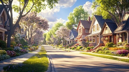 Obraz premium Beautiful suburban street lined with unique house styles, tree-shaded sidewalks, and well-kept gardens, sunny day with warm and inviting tones. 