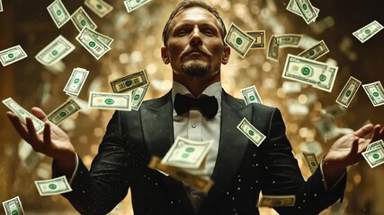 Man surrounded by falling money, wealth concept, indoors