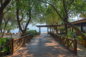 Obraz premium Discover the allure of a lovely wooden walkway ushering you to a sunny beach with its simple beauty drawing you to a place of delight and excitement 