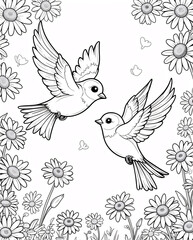 Fototapeta premium Graceful pair of lover birds gliding above a garden of delicate flowers in a stunning line art drawing animal in garden Illustration