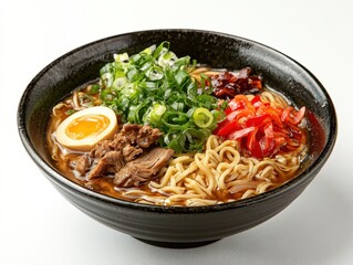 A delicious bowl of ramen featuring noodles, beef, green onions, red peppers, and a soft-boiled egg, served in a black bowl.