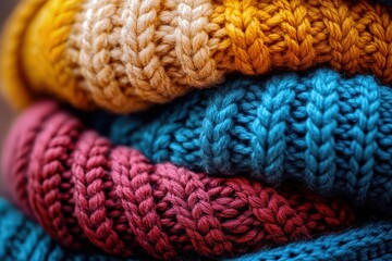 Cozy knitted sweaters stacked in vibrant colors