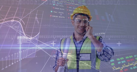 Image of data processing over caucasian male worker talking on a phone