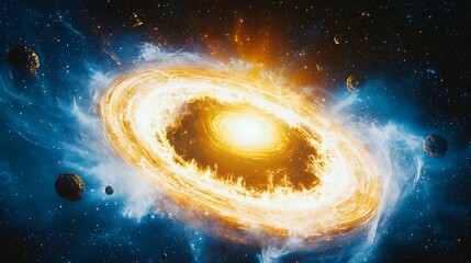 Obraz premium Fiery cosmic ring in deep space. A swirling vortex of incandescent energy, encircling a brilliant core. Cosmic dust and celestial bodies surround this dynamic event