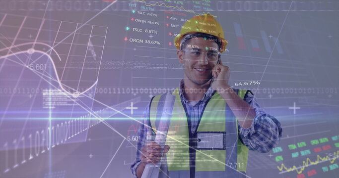 Image of data processing over caucasian male worker talking on a phone