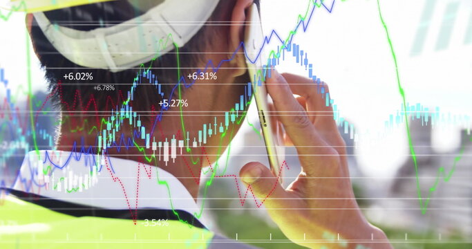 Image of data processing over caucasian male worker talking on a phone