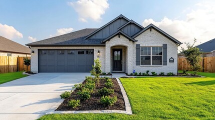 Classic gray ranch-style model home, single story with large front windows, green grass yard, and bright daylight, balanced and inviting composition. 