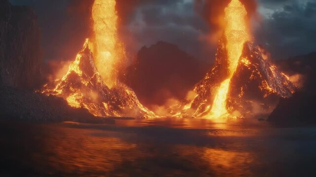 A vivid tableau showcases two glowing lava islands entangled in a fierce clash with lava fountains erupting like geysers. Ash settles around the battlefield catching the light of the