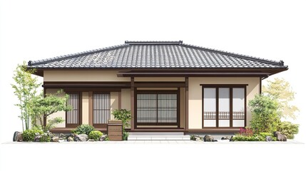 Fototapeta premium Classic Japanese residential house with earthy tones, sliding doors, and a tiled roof, clean white background, clear and crisp presentation 