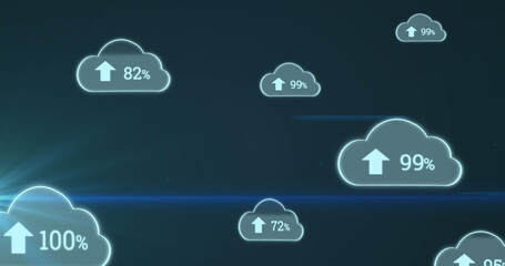 Image of clouds with percent going up to one hundred with glowing light on blue background