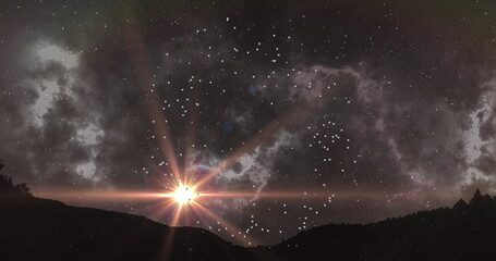 Fototapeta premium Image of yellow glowing spot of light, particles rotating and clouds moving over stars on night sky