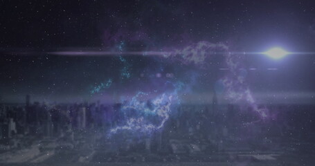 Image of glowing spot disappearing over city horizon line with clouds of smoke