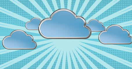 Image of clouds over rotating blue bright vibrant stripes moving in hypnotic motion in seamless loop