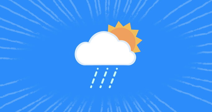 Naklejki Image of spinning sun with cloud over white stripes on blue background