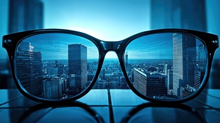 Cityscape Reflected in Glasses: A Vision of Urban Modernity