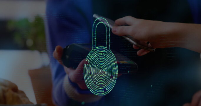 Hands using smartphone for secure digital payment with fingerprint lock overlay - Powered by Adobe