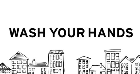 Fototapeta premium Illustrated cityscape with bold reminder to wash hands for hygiene awareness