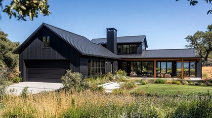 Obraz premium Contemporary farmhouse with a bold black exterior, expansive garage, inviting front porch, lush surroundings, sunny skies, wide shot, clean lines. 