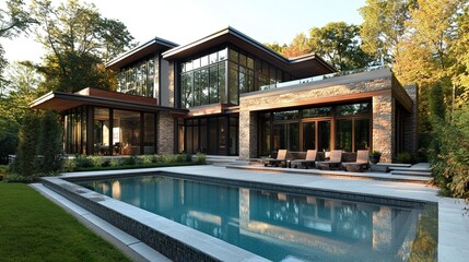 Fototapeta premium Contemporary home with an elegant pool, minimalist design, large windows reflecting sunlight, lush surroundings, frontal perspective, crisp and detailed. 