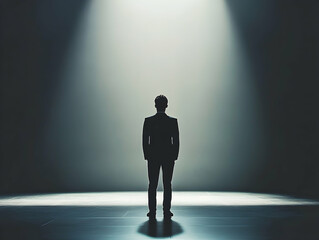 Fototapeta premium Solitary figure standing in spotlight, illuminated by bright light
