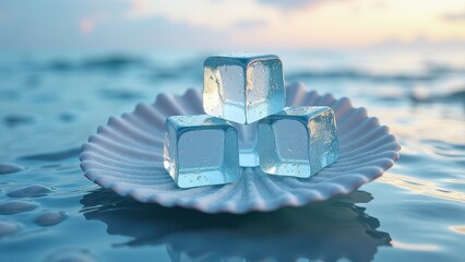 Melting ice cubes stacked in white seashell dish on beach with ocean waves and blue sky	