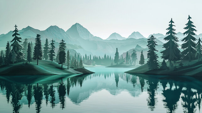 A paper art depiction of a mountain lake surrounded by trees, with layers of paper showing the reflection in the water, soft lighting emphasizing the texture of the paper, realistic photo of paper cra