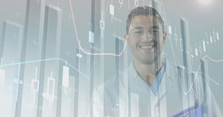 Image of medical data processing over attractive male medical worker wearing white suit