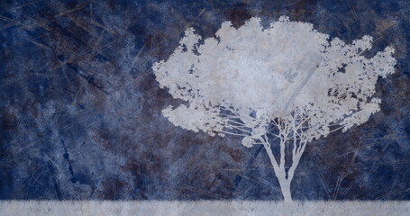 Image of white tree on blue sky over blue cracked distressed pattern