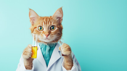 Ginger Cat Scientist in Lab Coat Holds Test Tubes