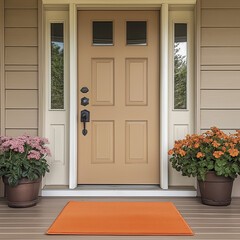 Tan House Entrance with Orange Mat, Flowers, and Door