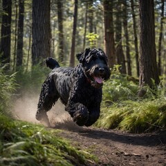 Fototapeta premium Black Russian Terrier Sprinting Through Forest Trail with Energetic Strides