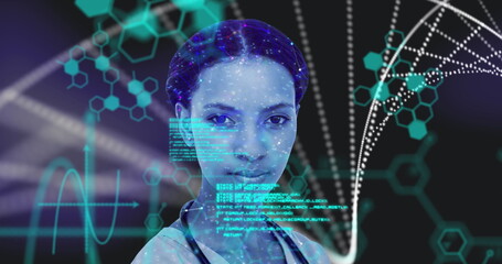 Image of digital interface with DNA strand and medical icons and data processing over female doctor