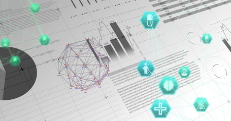 Image of interface with medical icons network of connections spinning over statistics recording