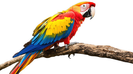 Fototapeta premium A vibrant parrot perched on a wooden branch on a transparent background