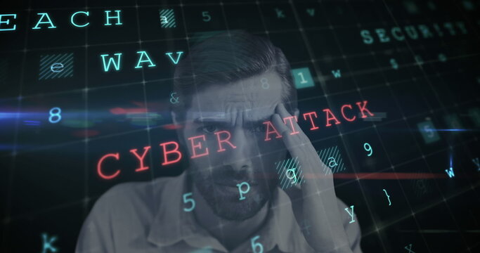 Image of digital interface with cyber attack warning text and portrait of worried man